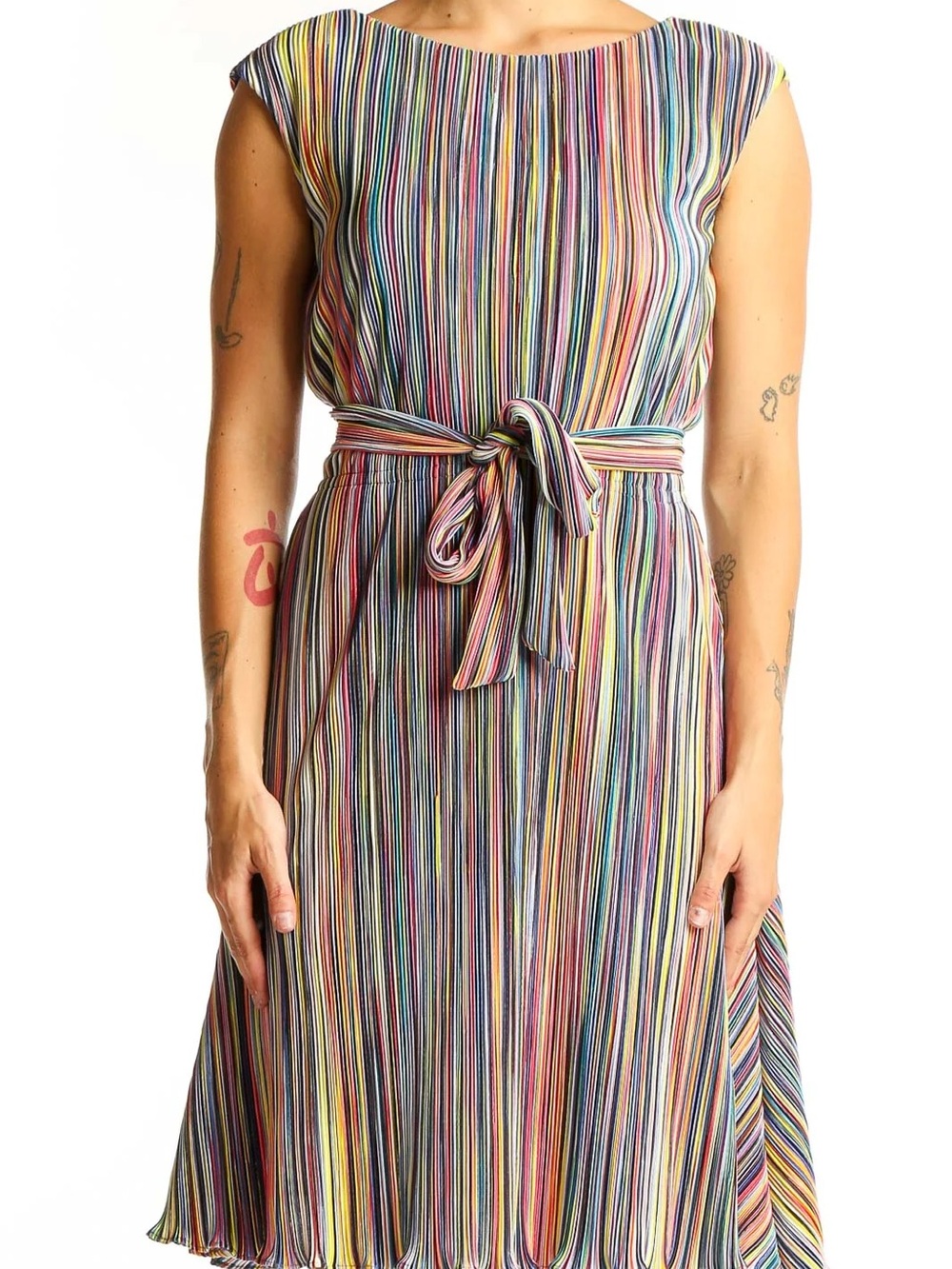 DKNY Multicolor Vertical Stripe Tie-Waist Dress